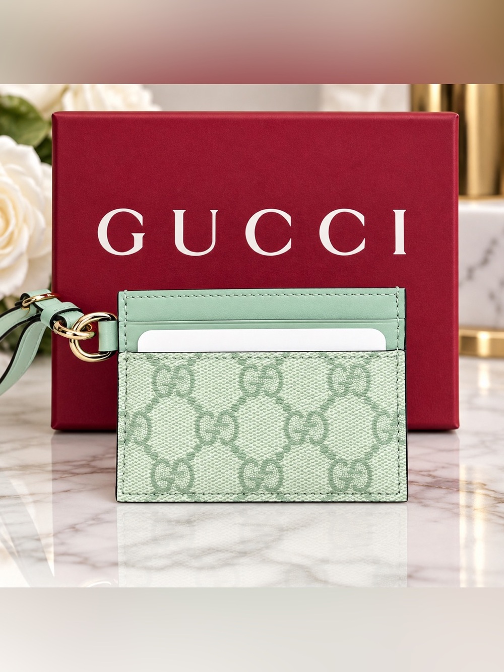 Gucci Mint Green GG Supreme Card Case with Leather Trim